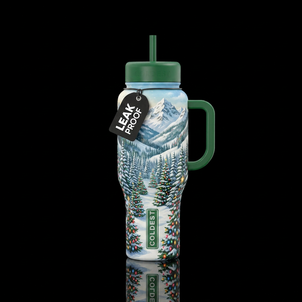 Christmas trees, Christmas lights, pine trees with... water bottle design