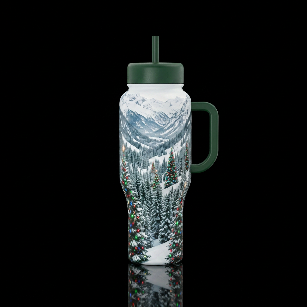 Christmas trees, Christmas lights, pine trees with... water bottle design