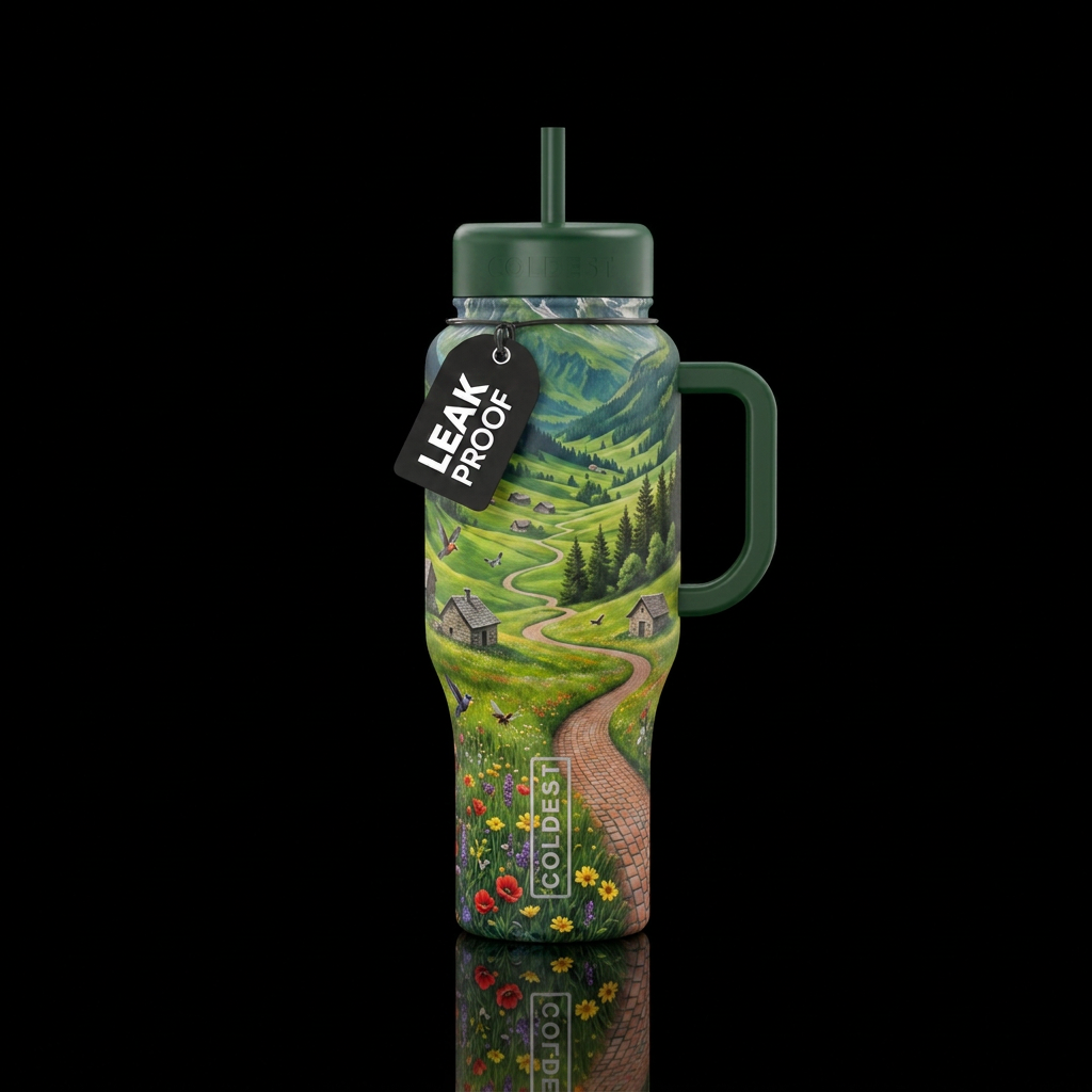 Green valley in the Swiss Alps, wild flowers, bird... water bottle design