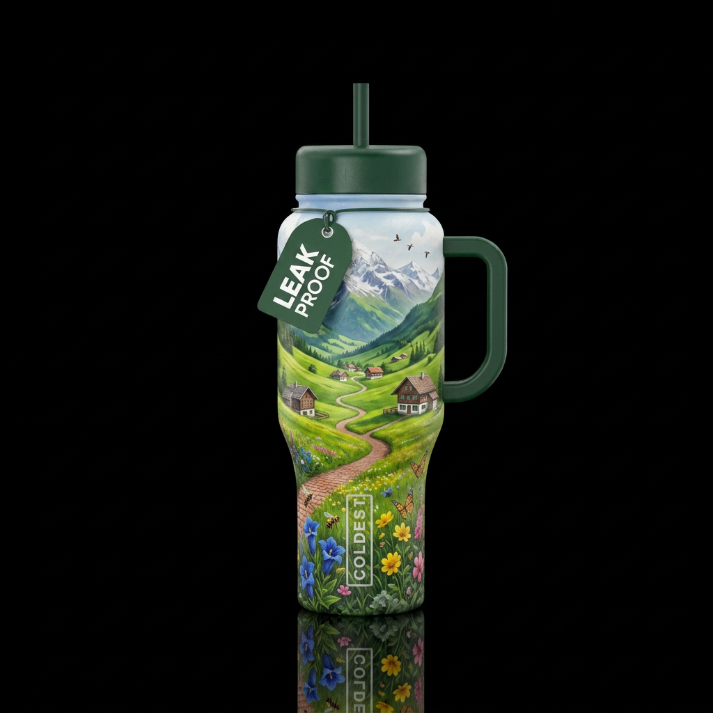 Green valley in the Swiss Alps, wild flowers, bird... water bottle design