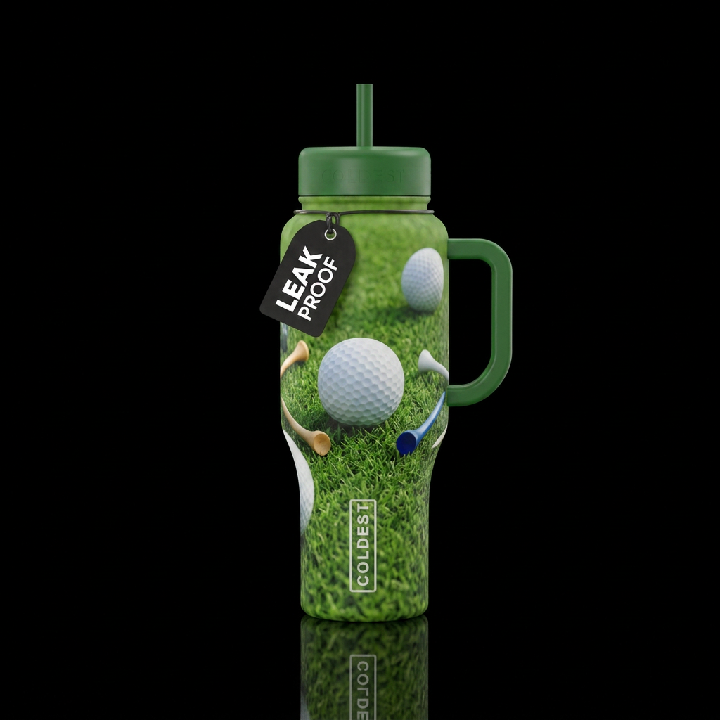 Golf balls, golf tees, short green grass water bottle design