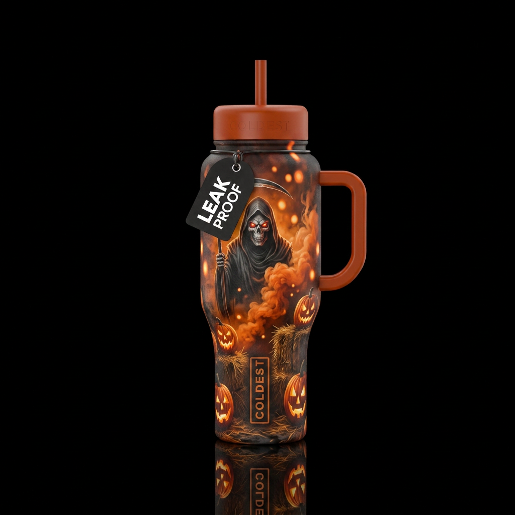 Grim reaper, jack o lanterns, hay bails, smoke, or... water bottle design