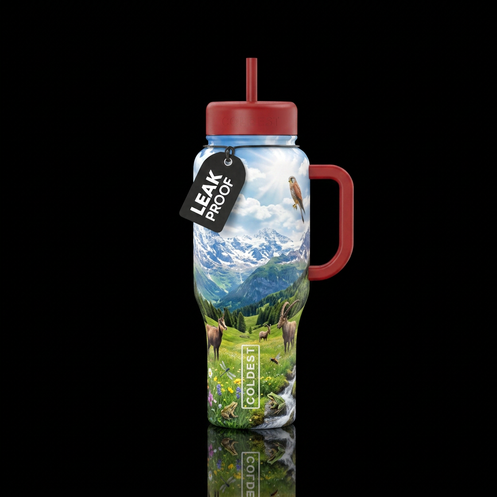 Mountains, clouds, sun rays, snow caps, dragon fli... water bottle design