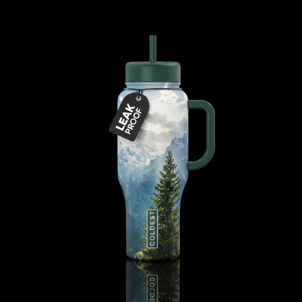 Swiss Alps with snow caps, sun rays, 1 single tree water bottle design