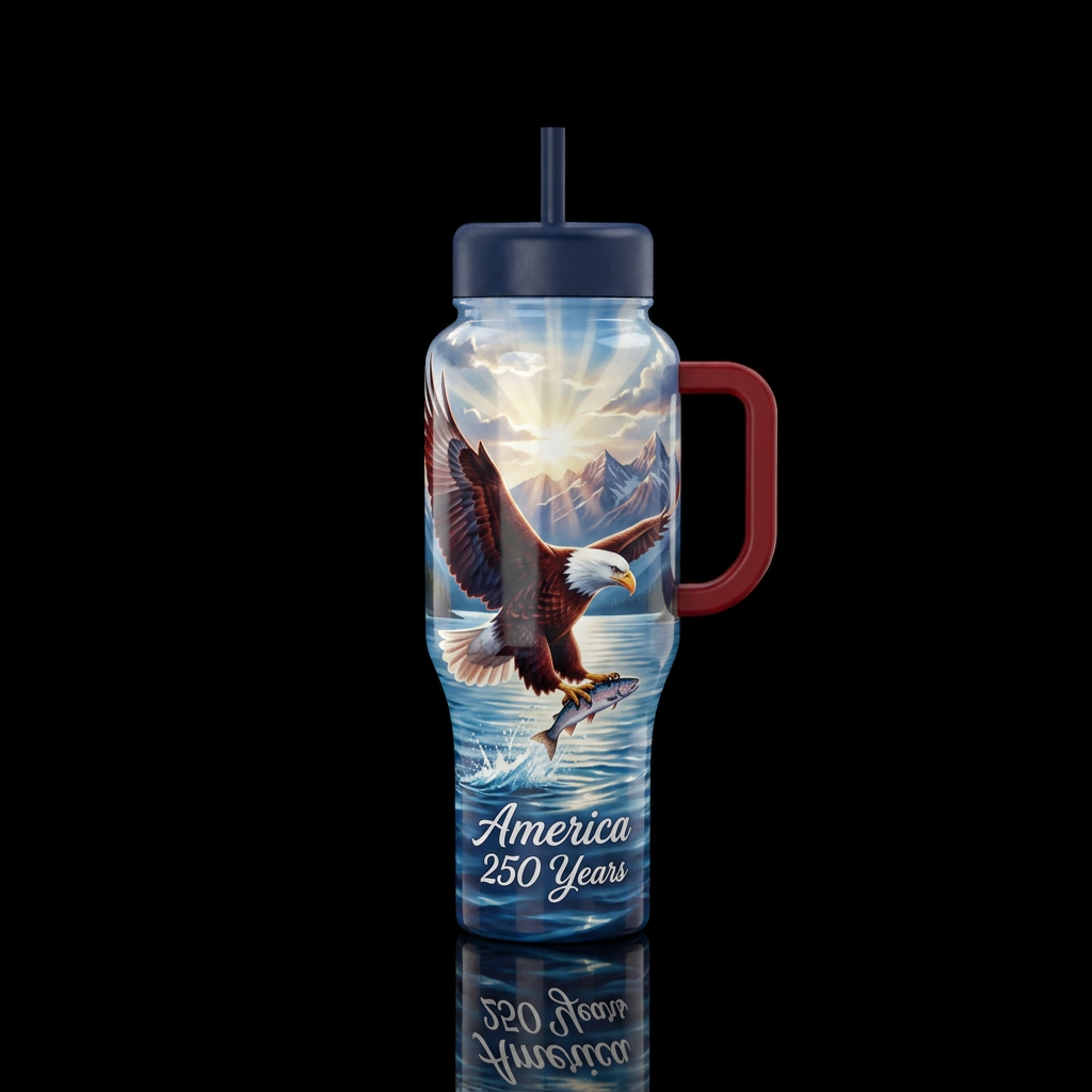 Bald eagle flying above the water catching a fish,... water bottle design