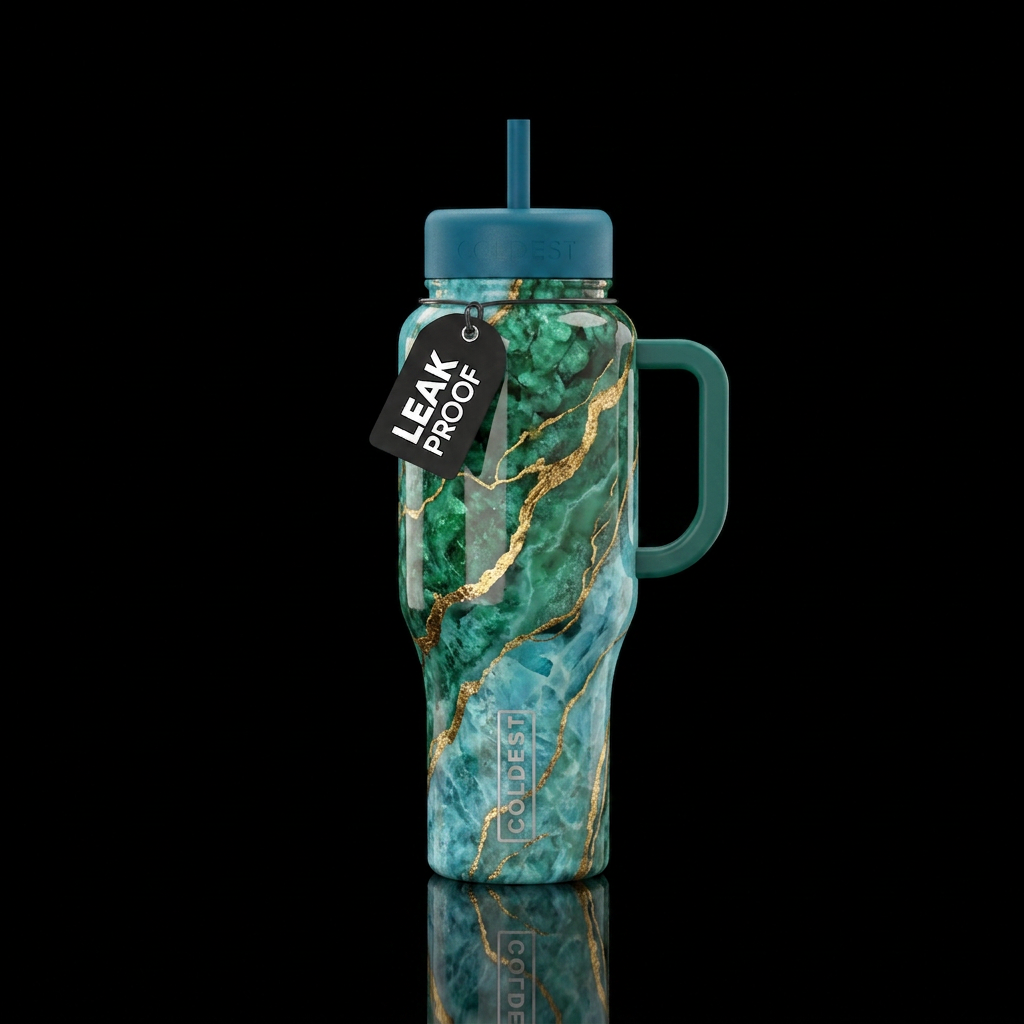 Aqua blue, emerald green quartz, 24k gold water bottle design