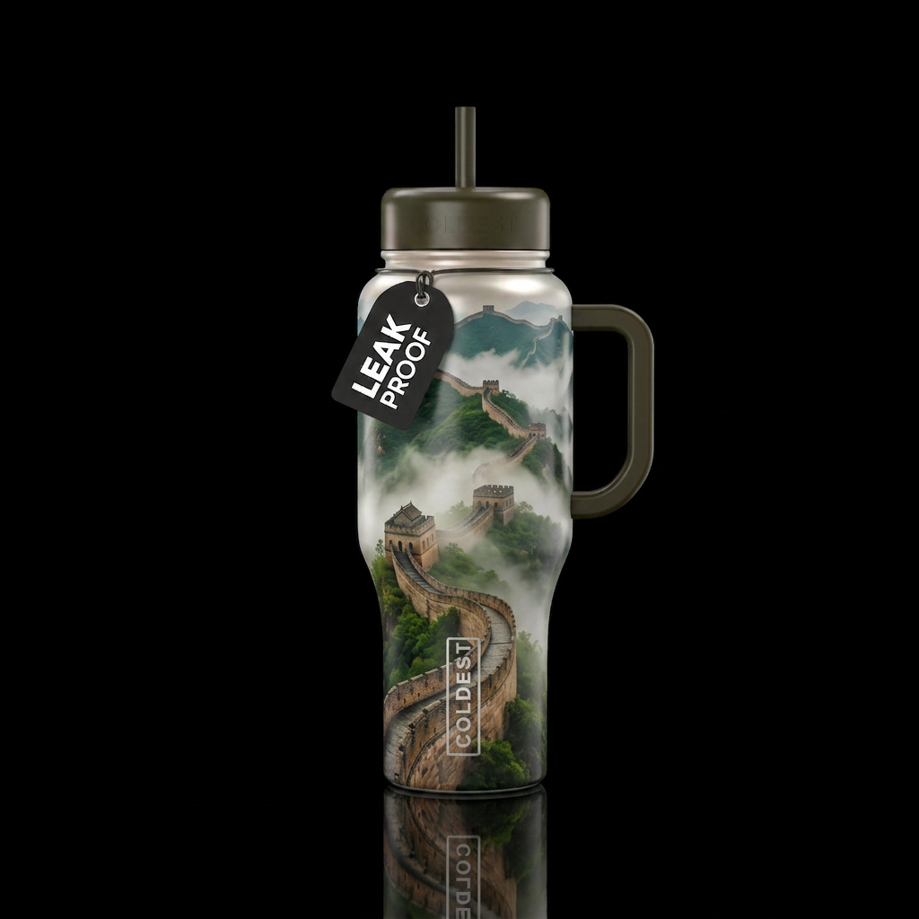 Great wall of China, dense fog, water bottle design