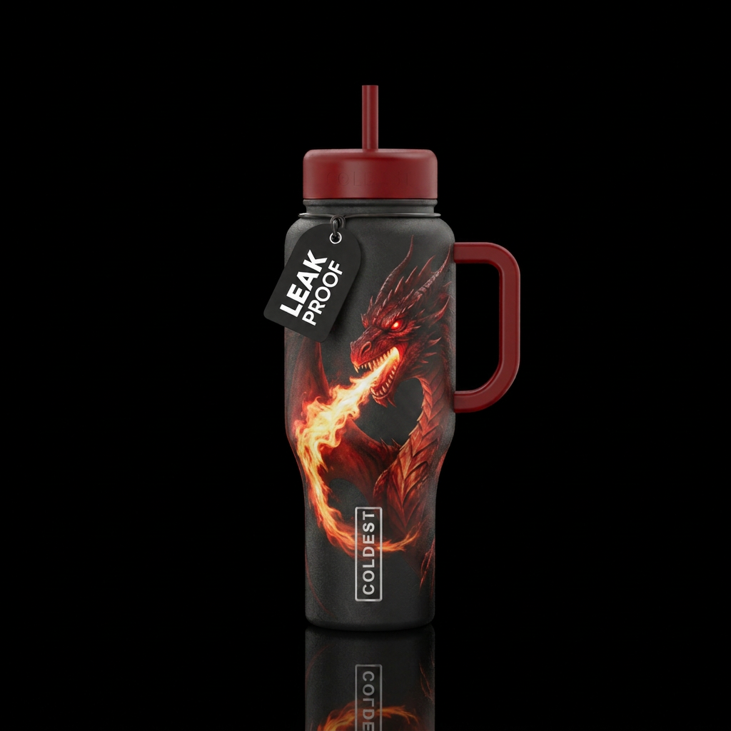 Evil red dragon with glowing red eyes breathing fi... water bottle design