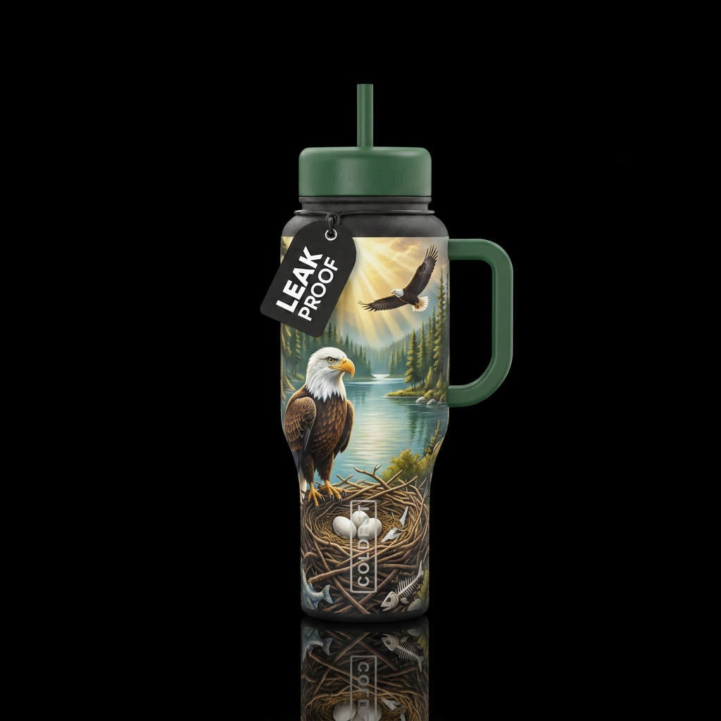 Bald eagle standing on huge nest with 2 eggs, fore... water bottle design