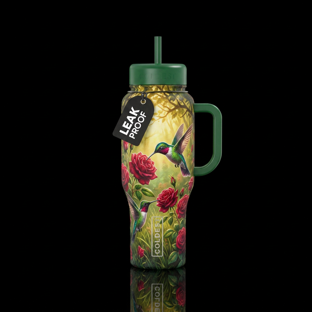 Hummingbirds drinking from red roses, green grass,... water bottle design