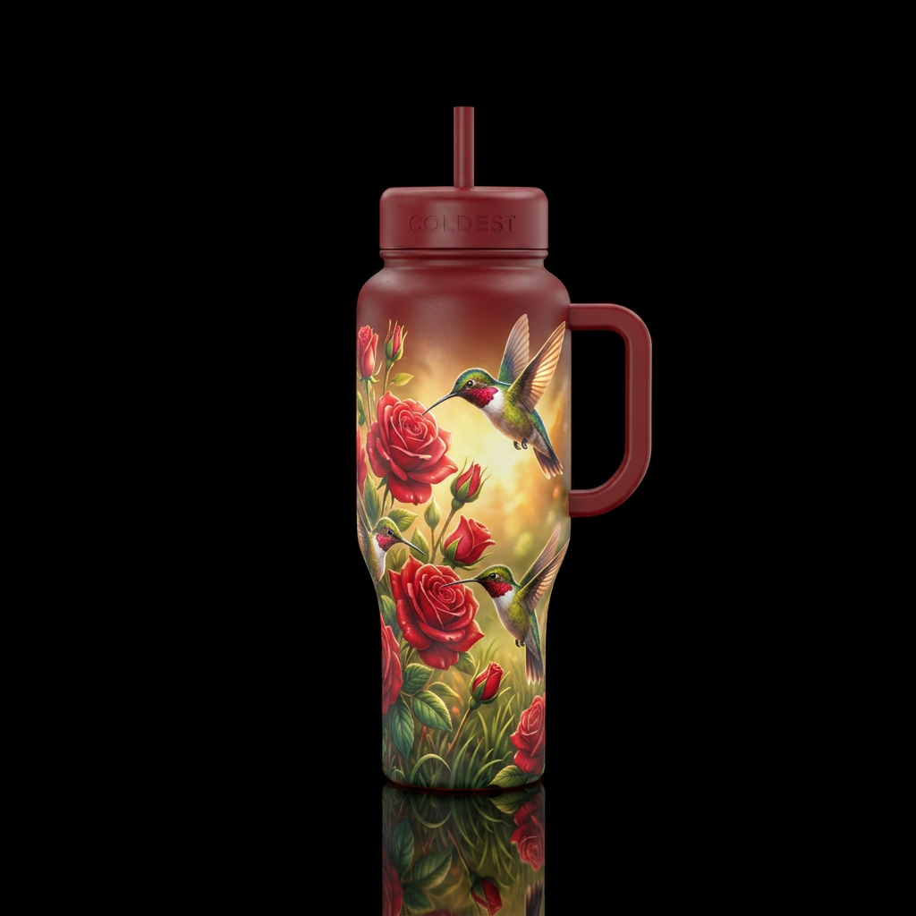 Hummingbirds drinking from red roses, green grass,... water bottle design