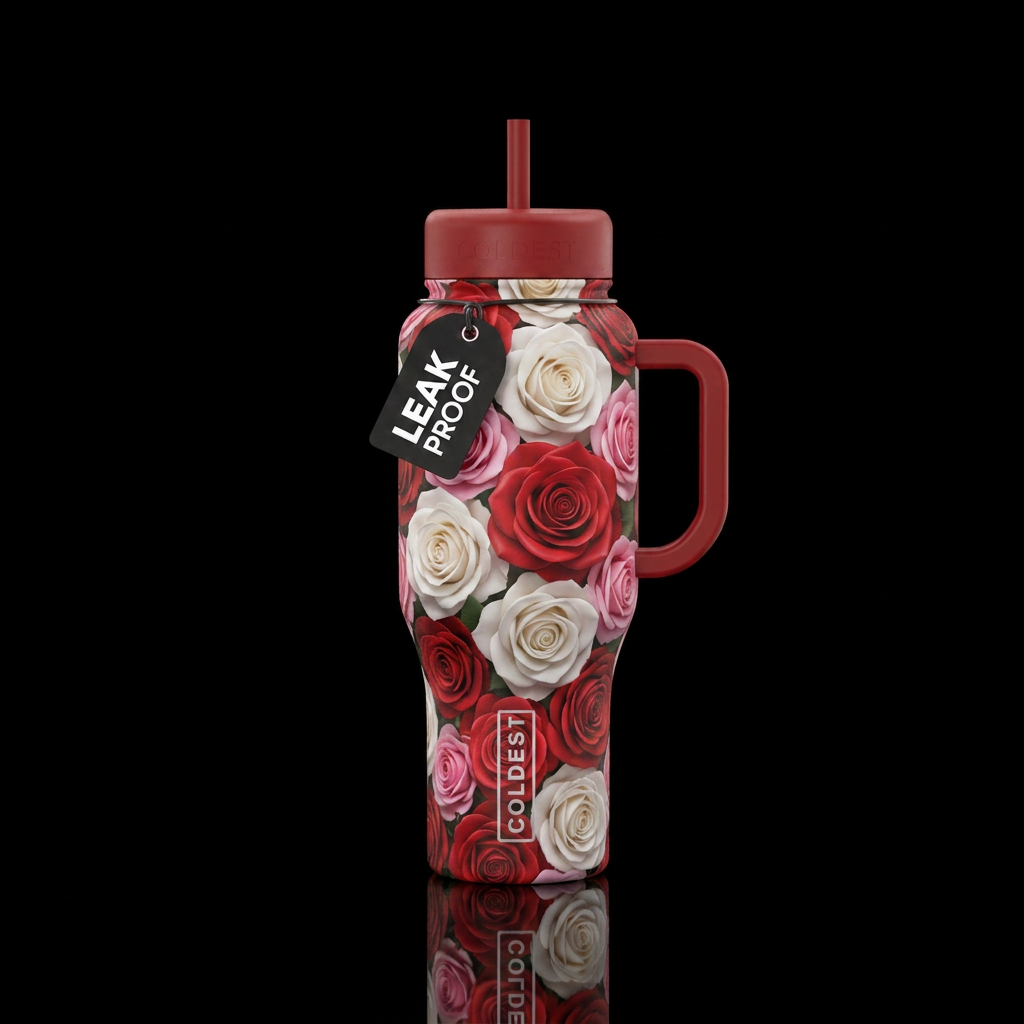 3d Red white pink roses, water bottle design