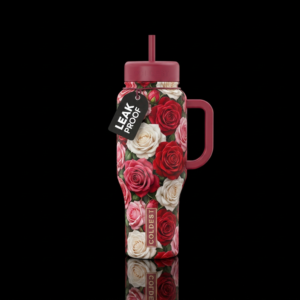 3d Red white pink roses, water bottle design