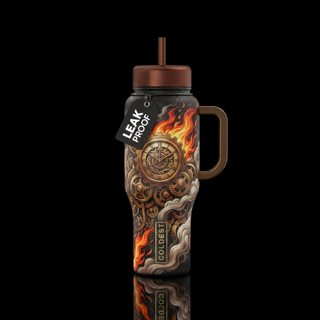 Steampunk gears, flames, fog water bottle design