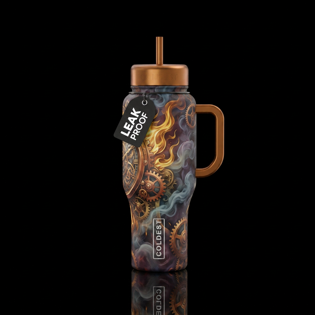 Steampunk gears, flames, fog water bottle design