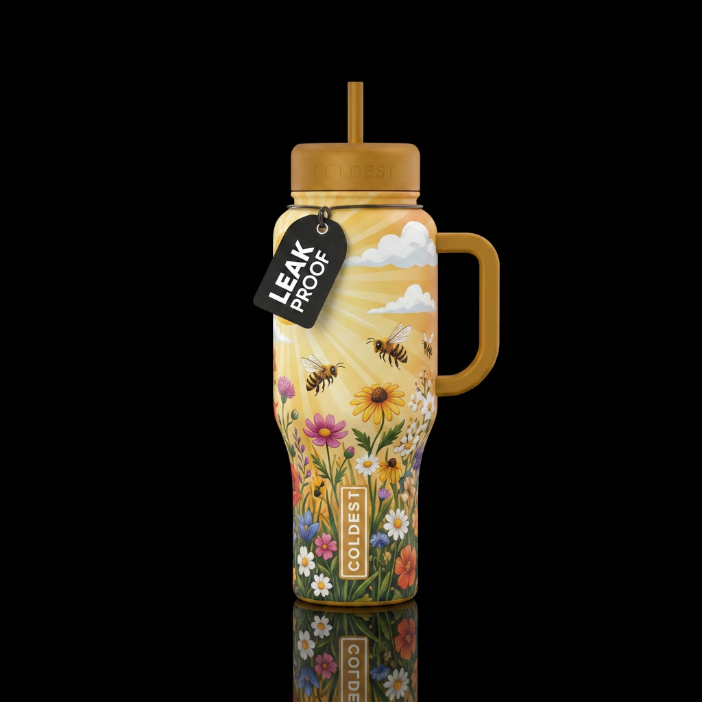 Wildflowers, Sun rays, white clouds, honey bees water bottle design
