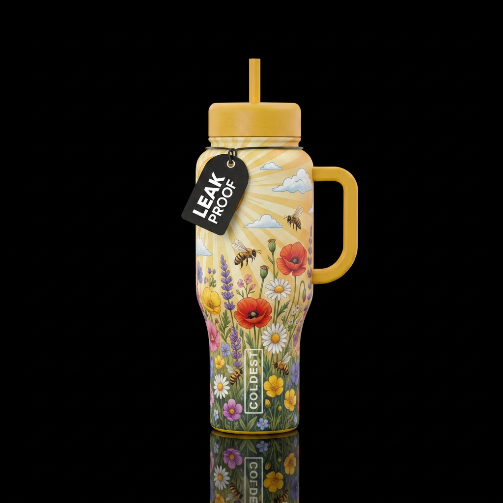 Wildflowers, Sun rays, white clouds, honey bees water bottle design