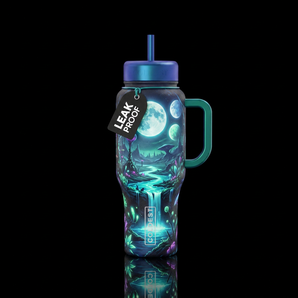Glowing alien forest, glowing river with waterfall... water bottle design
