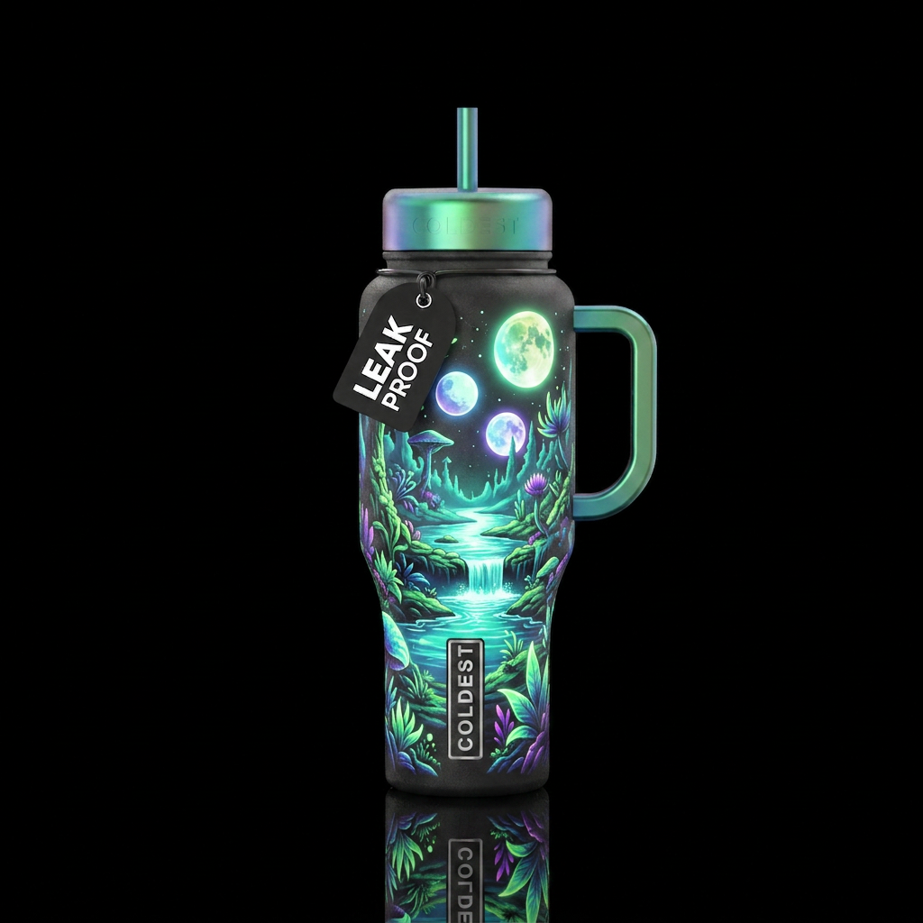 Glowing alien forest, glowing river with waterfall... water bottle design