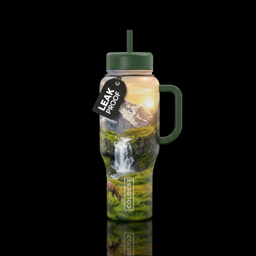 Swiss Alps, waterfaff, green meadow, deer, setting... water bottle design