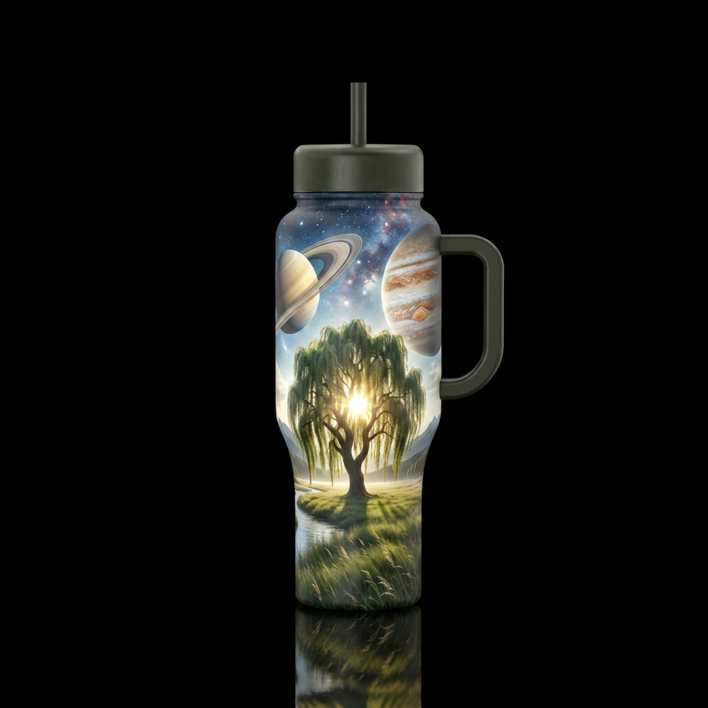Huge willow tree alone in a grassy field, river ne... water bottle design