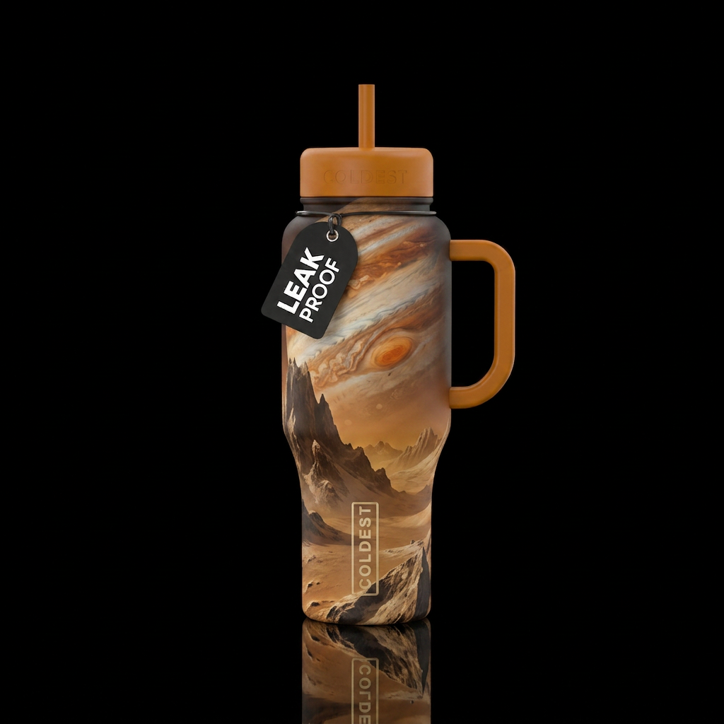Surface of Jupiter moon Titan with Jupiter filling... water bottle design