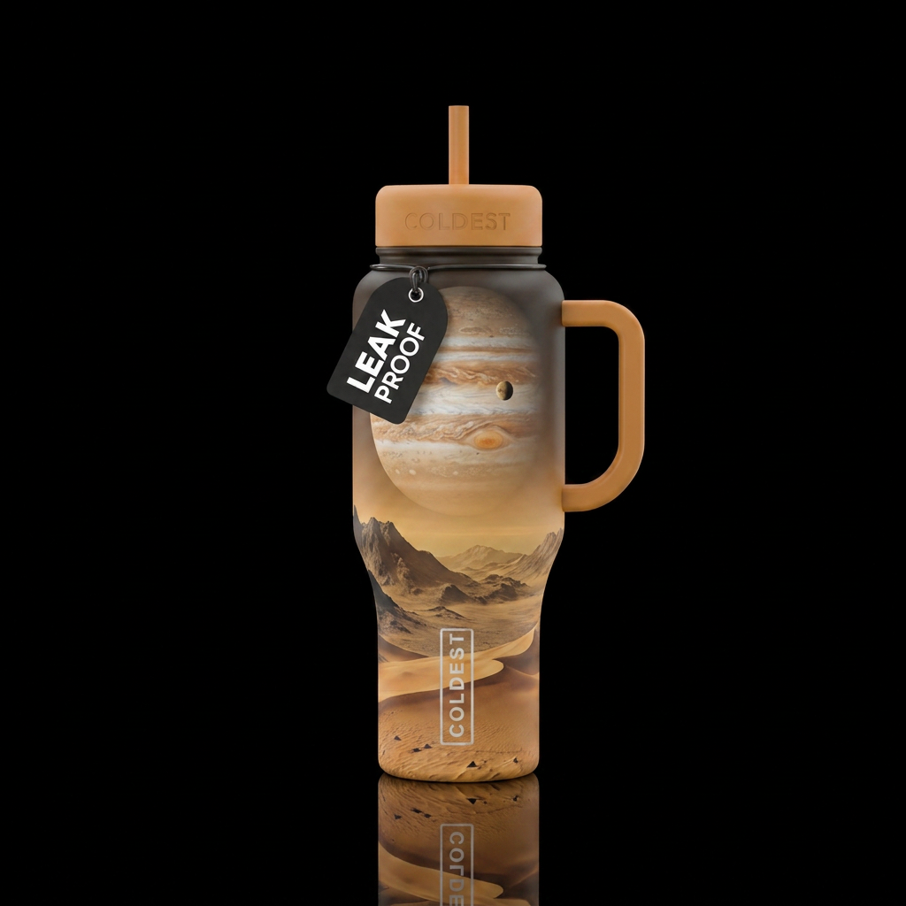 Surface of Jupiter moon Titan with Jupiter filling... water bottle design