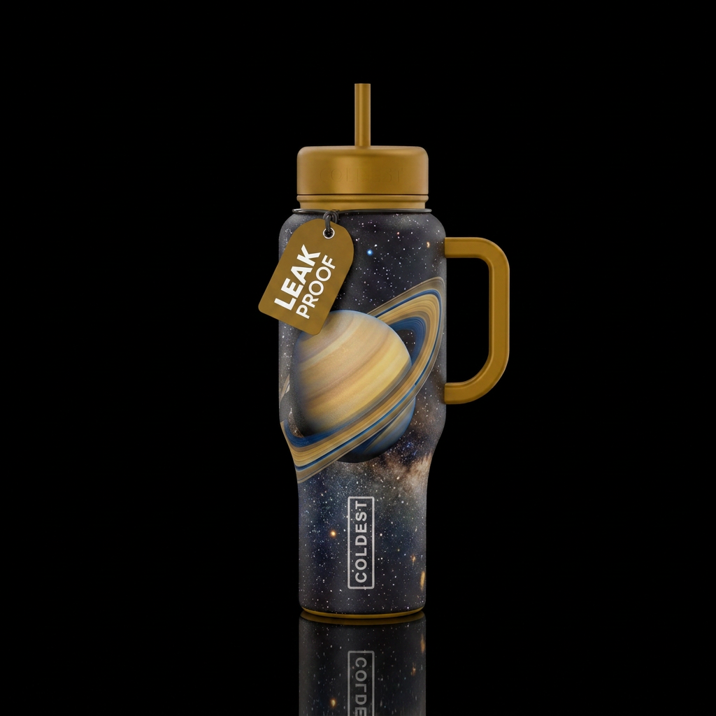 In space near Saturn, rings, stars, darkness water bottle design