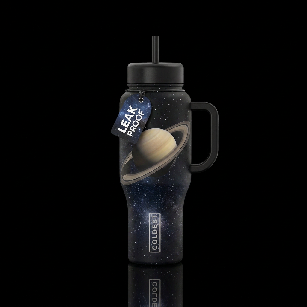 In space near Saturn, rings, stars, darkness water bottle design