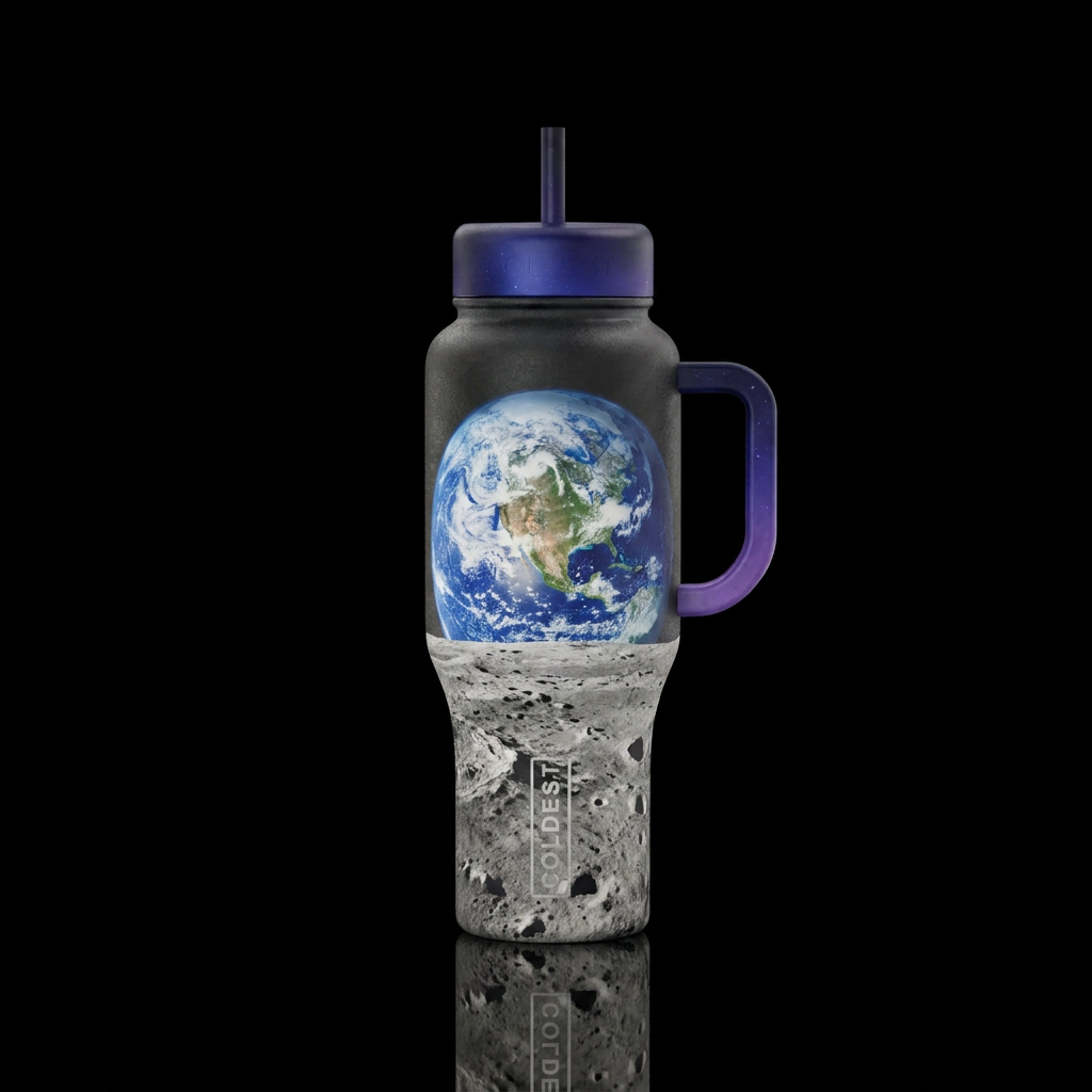 On the surface of the moon with the huge earth ris... water bottle design