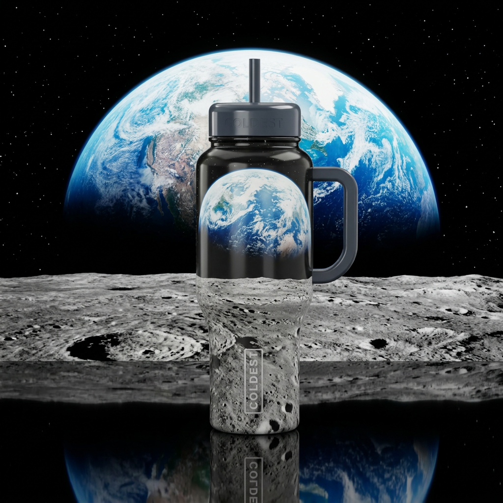 On the surface of the moon with the huge earth ris... water bottle design