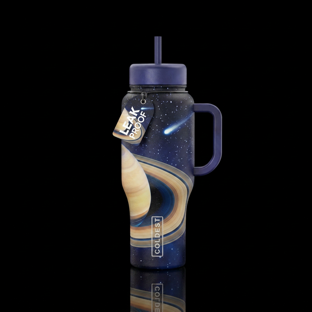 Low orbit around Saturn near rings, comet, stars, water bottle design