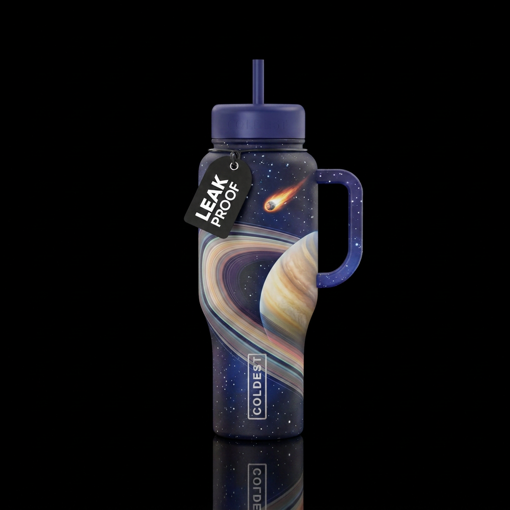 Low orbit around Saturn near rings, comet, stars, water bottle design