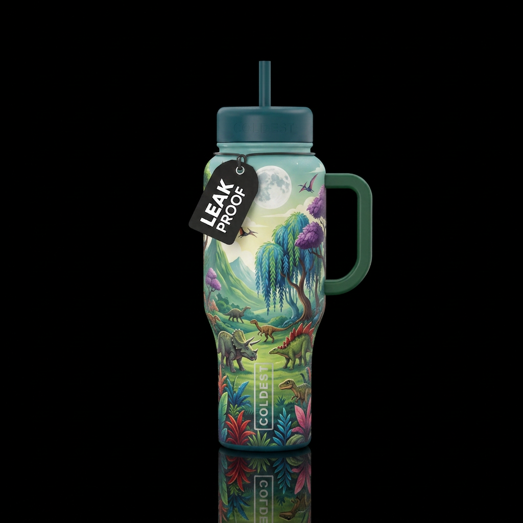 Large green valley between mountains, several diff... water bottle design