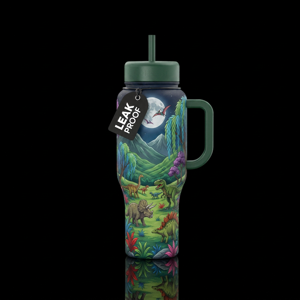 Large green valley between mountains, several diff... water bottle design