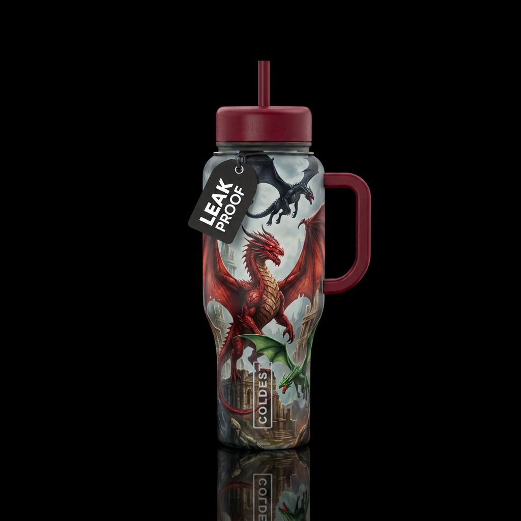 Evil red dragon spreading wings, ancient ruins, bl... water bottle design