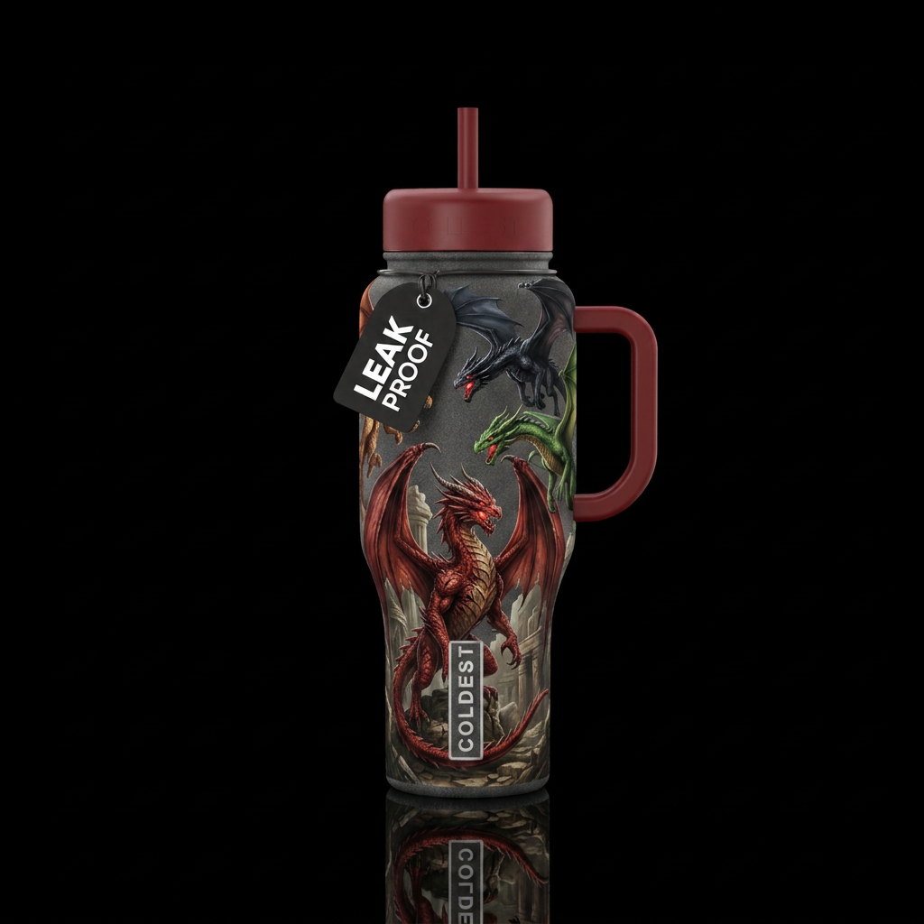 Evil red dragon spreading wings, ancient ruins, bl... water bottle design