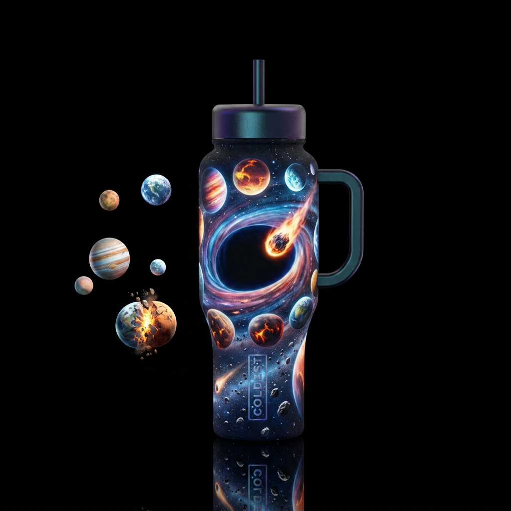 3d 15 huge different planets circling a black hole... water bottle design