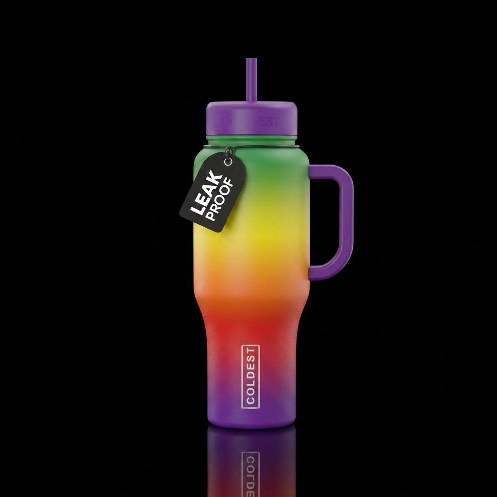 Purple fading to red fading to orange fading to ye... water bottle design