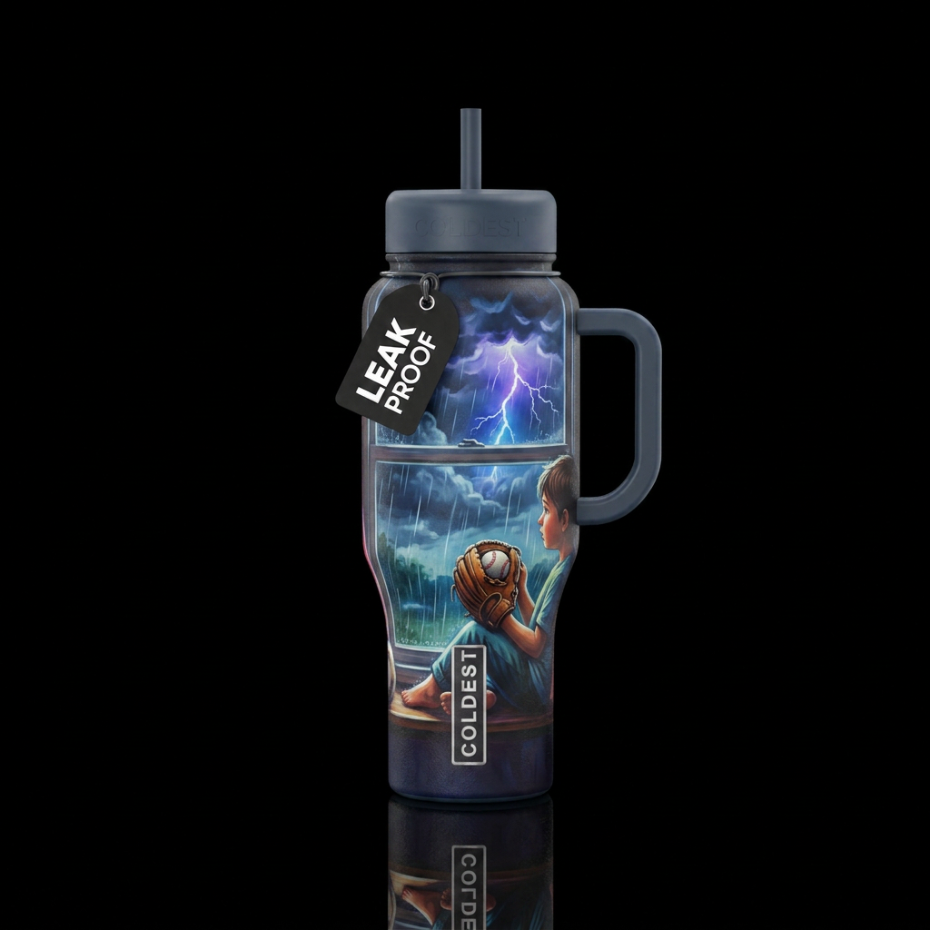 Child holding a baseball mit looking out the windo... water bottle design