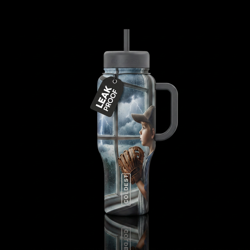 Child holding a baseball mit looking out the windo... water bottle design