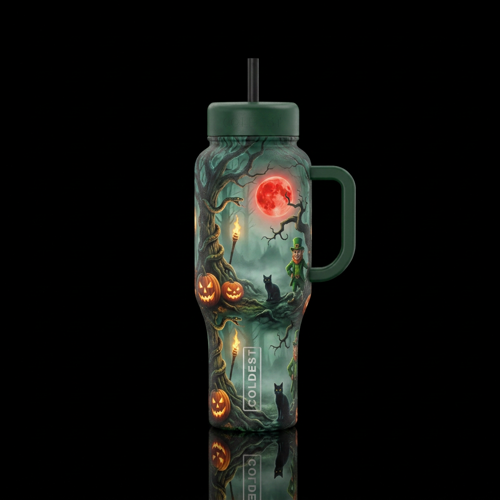 Haunted forest, dark, leprechaun, jack o lanterns,... water bottle design