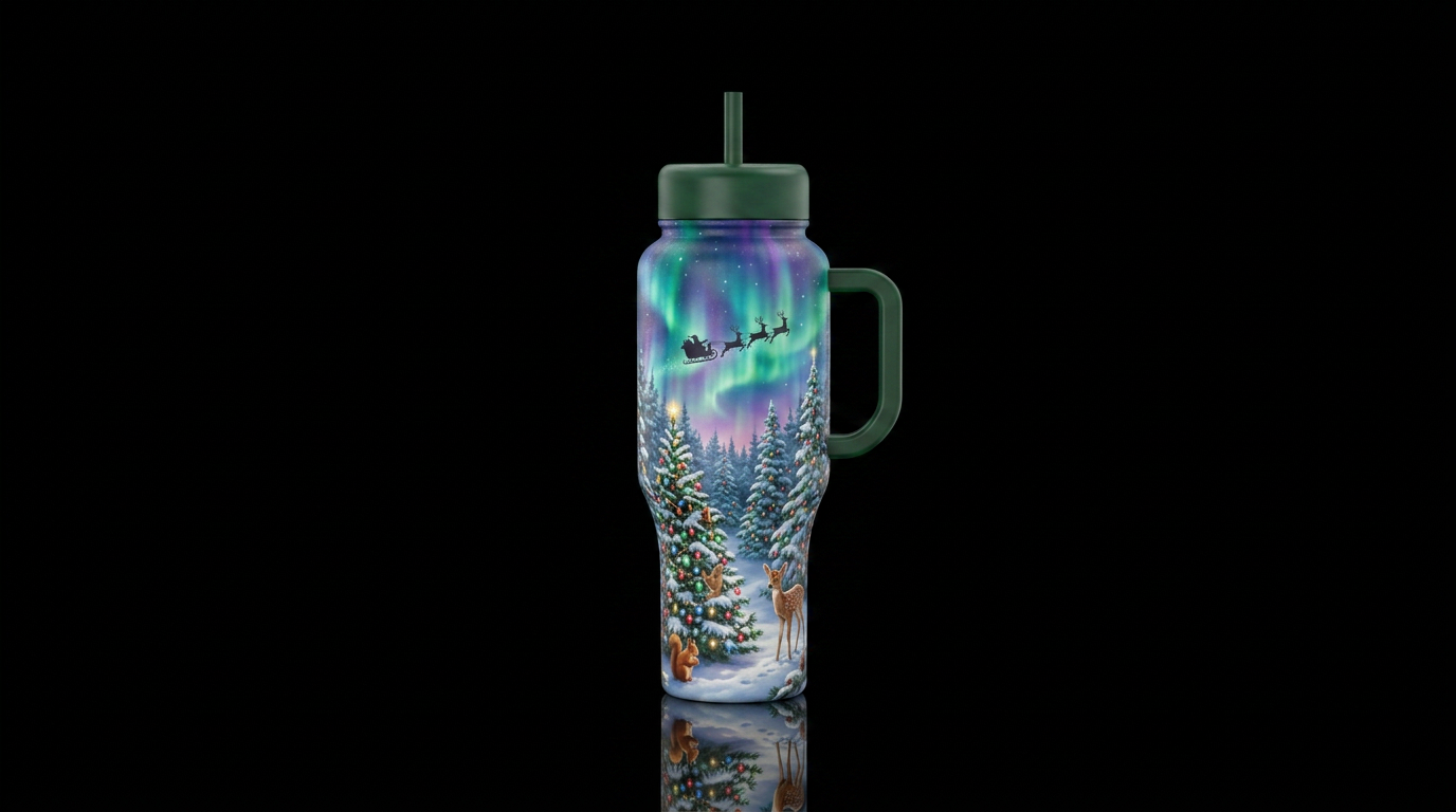 Forest of pine trees decorated with Christmas ligh... water bottle design
