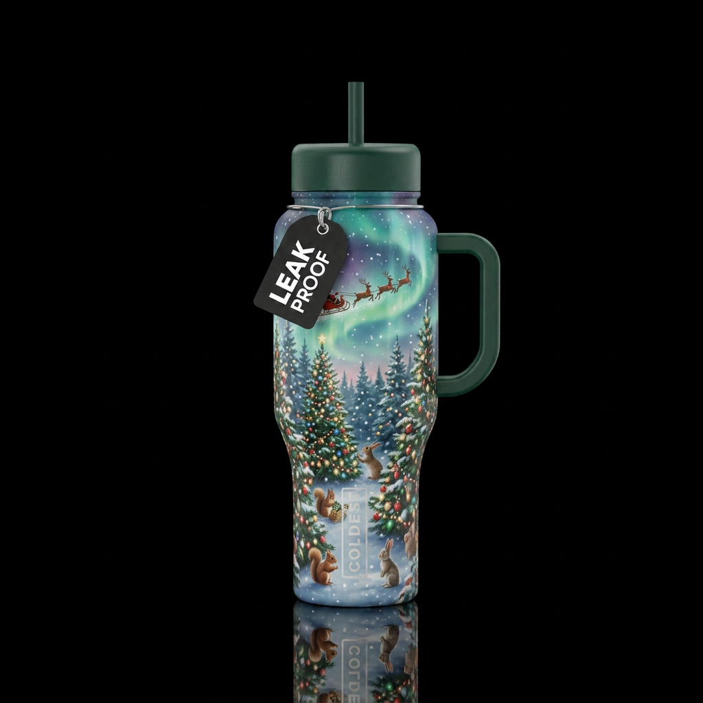 Forest of pine trees decorated with Christmas ligh... water bottle design