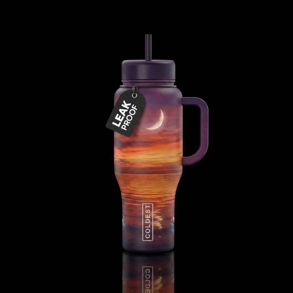 Sunset on the ocean, calm water, moon high in the ... water bottle design