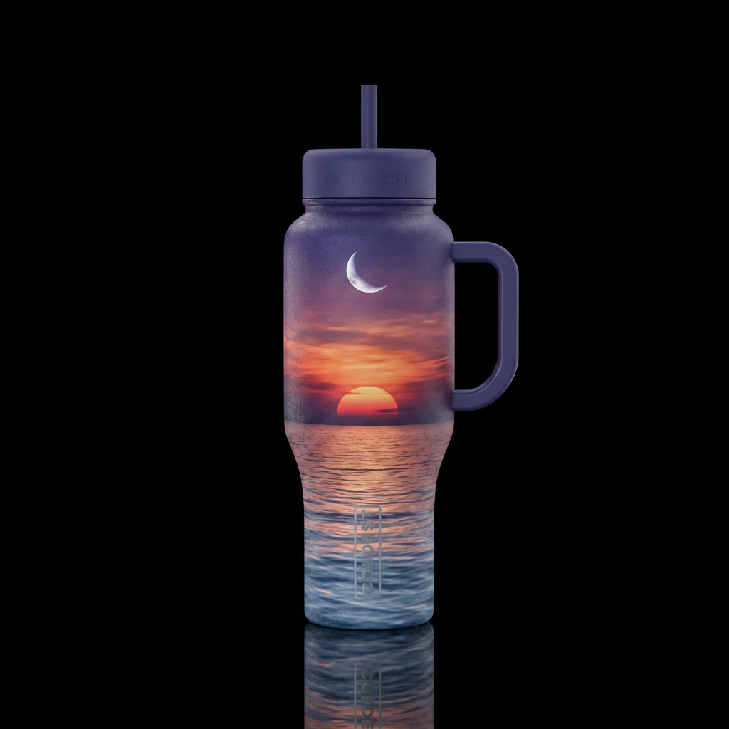 Sunset on the ocean, calm water, moon high in the ... water bottle design