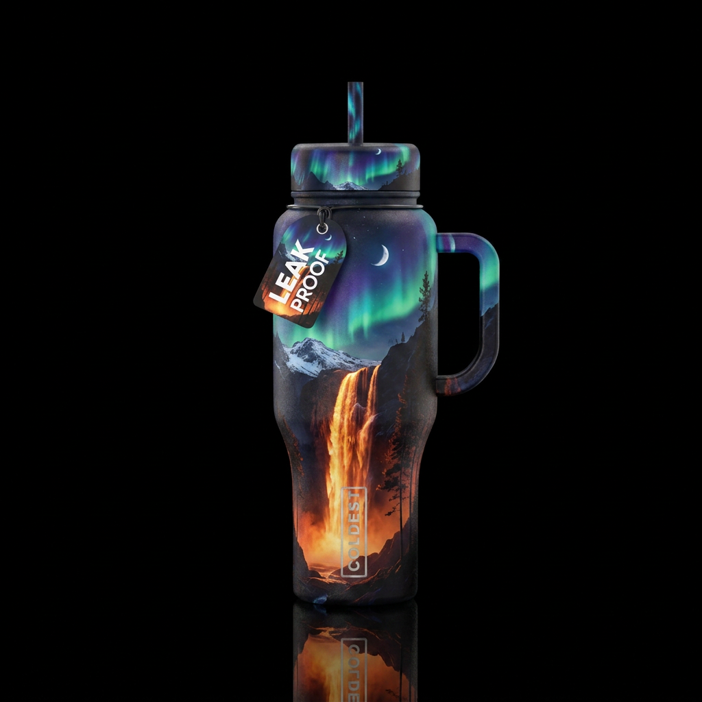 Tall Waterfall that looks like it's on fire from s... water bottle design