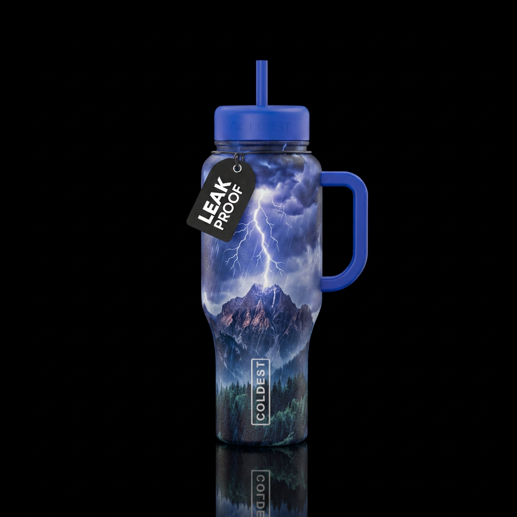 Huge Lightning bolt striking the top of a mountain... water bottle design