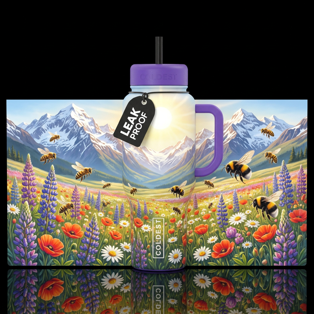 Mountain range, valley full of wildflowers, honey ... water bottle design
