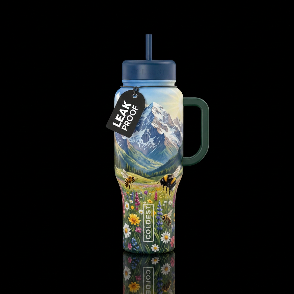 Mountain range, valley full of wildflowers, honey ... water bottle design